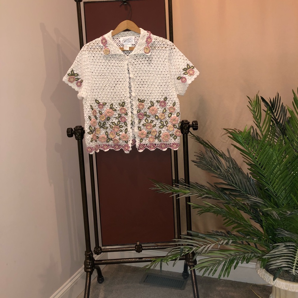 Summery button down crocheted short sleeve sweater